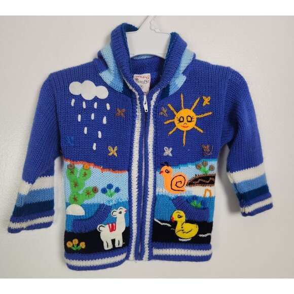 Grupo Peruvian Toddler Sz. 2 Hooded Full Zip Sweater Blue Hand Embroidered - Picture 1 of 6